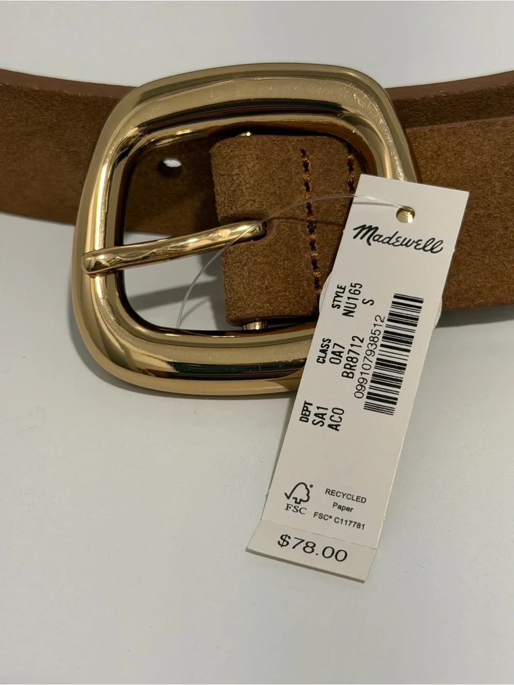 Madewell Sculptural Buckle Belt Leather Suede Aged Cognac Gold Size Small NU165